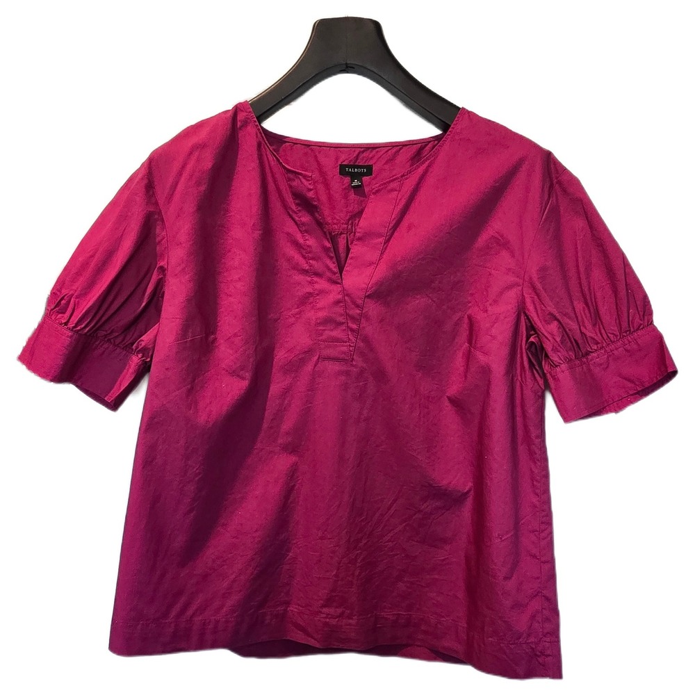 Talbots Magenta Pink Cotton Puff Sleeve Split V-Neck‎ Popover Blouse Womens Med